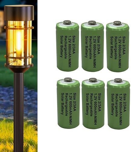 Rechargeable 2/3AA Solar Light Batteries for Garden Solar Lights Latest 1.2V NiMH Technology (2-3AA, 2/3HR6, Two-Thirds-AA 30mm x 14mm) (6-Pack)