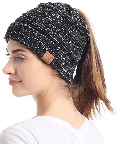 sy soul young Pferdeschwanz Messy Bun Beanie Tail Knit Hole Strickmütze Weiche Brötchen Winter mütze mit zopfloch für Damen(Einheitsgröße,3-Ton-Schwarz)