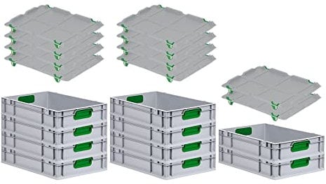 SuperSparSet 10x Eurobox NextGen Color mit Auflagedeckel & Schiebeschnappverschlüsse, HxBxT 12x40x60cm, 23L, Griffe grün geschlossen, Glatter Boden, Eurobehälter Transportbox Transportbehälter