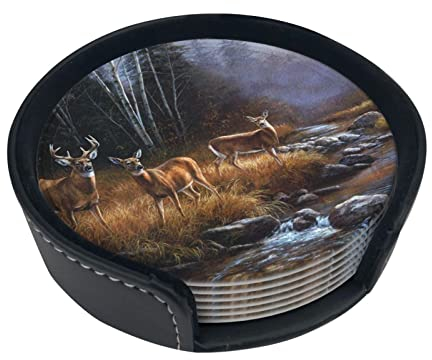 Runde Leder-Untersetzer mit Hirsch-Motiv, 6 Stück