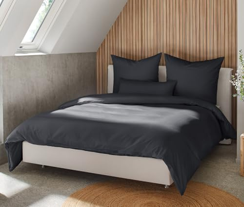 BEFA NATUR Made in Germany Bettwäsche Set, Bettbezug 155x220 cm und Kissenbezug 80x80 cm aus Baumwolle-Satin, Allergiker geeignet, Öko-Text 100 Klasse 1 Zertifiziert - Schwarz