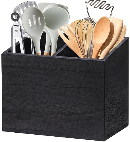 Portautensili da cucina in legno con 2 scomparti, porta utensili da cucina rustico, per piano di lavoro della cucina, scatola organizer per utensili da cucina in legno, decorazione per casa colonica
