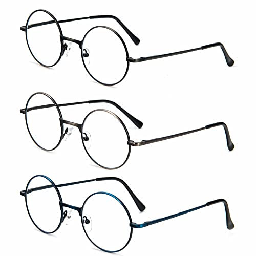 KoKoBin 3 Packs Round Frame Reading Glasses Blue Light Blocking Reader Metal Full Frame Retro Glasses (3 Pairs, 2, diopters)