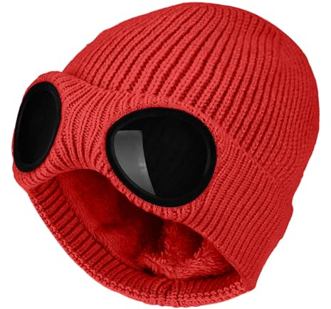 FIFTHAVE Beanie Mütze Herren & Damen, Wollmütze Wintermütze Strickmütze Beany Mütze Hut Laufmütze mit Brille Weich Stretchy Hüte Warme Outdoor Sport Cap Rot