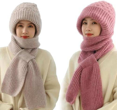 JASUBAI Bonnet coupe-vent avec protection auditive intégrée, bonnet tricoté élastique chaud, écharpe à capuche pour femme, bonnet d'hiver épais et chaud, 2 pièces B., L