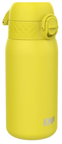 Ion8 Gourde Enfant, Inox Léger, 400ml, Non Isolé, Anti-Fuite, Facile à Ouvrir, Verrouillage Sécurisé, Lavable au Lave-Vaisselle, Poignée de Transport, Acier Inoxydable, Jaune