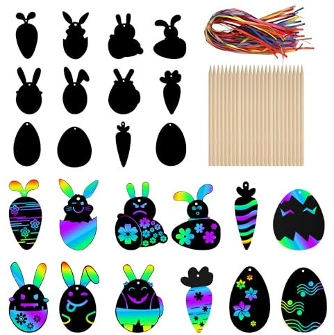 lasuroa 48-Teiliges Ostern Kratzbilder Set, Kratzbilder Kinder mit Holzstäben und Bunten Bändern, Lustig Regenbogen Kratz Kunst Oster-Bastelset für Kinder Jugendliche Oster-Partygeschenke