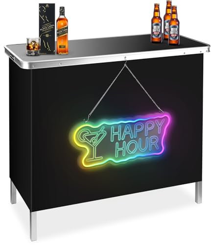 BRILLIHOOD Portable Pop-Up Bar Table with Mirrored Happy Hour Neon Sign, Music Sync Bar, LED Light Up Sign for Outdoor, Patio, Party, Picnic, Include Storage Shelf & Removable Skirt