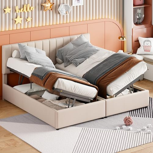 MQLAE Boxspringbett 180x200 cm, Polsterbett hydraulisches Stauraumbett, Bett mit Großer Stauraum und Verstellbares Kopfteil, Funktionsbett Bettrahmen für Familie, Leinen, Beige, ohne Matratze