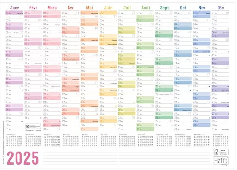 Häfft® Calendrier mural 2025 A3 de papier en français (42 x 29,7 cm) plié Rainbow, agenda avec jours fériés de la France + extra A4 - durable & respectueux du climat