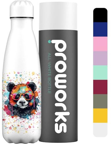 Proworks Trinkflasche aus Edelstahl | 24 Stunden kalt und 12 Stunden heiß – Vakuum-Wasserflasche – Isolierflasche für Sport, Laufen, Radfahren, Yoga und Camping – 500ml – Farbspritzer – Panda
