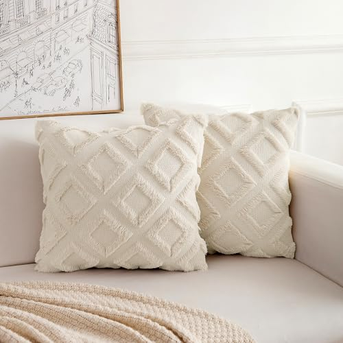 TOCOMOA Boho Kissenbezug 45x45 2er Set - Polyester Dekorative Sofakissen Dekokissen Kissenbezüge Beige, Weich Plüsch Kissenhülle 45x45cm Zierkissenbezug für Sofa Schlafzimmer Wohnzimmer