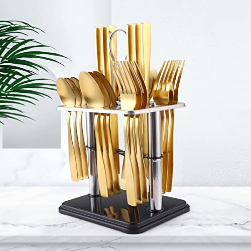Juego de cubiertos de 48 piezas, cubiertos de acero inoxidable para 4 juegos de utensilios con cuchillos, cucharas y tenedores, estilo dorado mate, apto para lavavajillas para fiestas en casa (48 pie