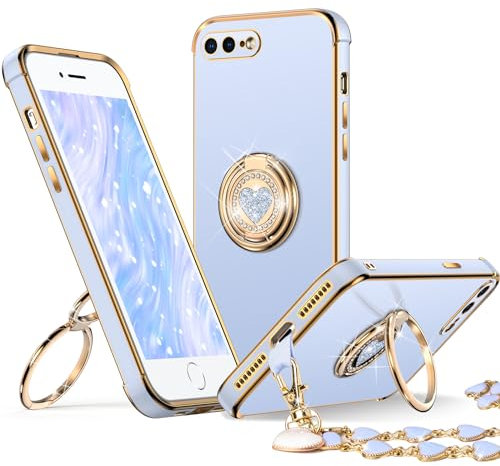 XYZ for iPhone 8 Plus Case with Stand, Phone Case with Double Ring Kickstand, Women Girl Cute Love-Heart Luxury Bling Protective Cover Heart for iPhone 8 Plus/7 Plus,Blue