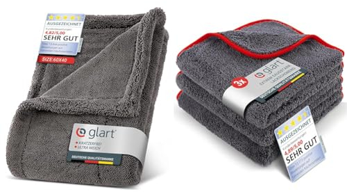 Glart Twist Auto Trockentuch XXL - 60x40cm, extra saugfähiges Mikrofasertuch & Poliertuch 3er Set - Premium Mikrofasertücher, extra saugstark & Ultra weich