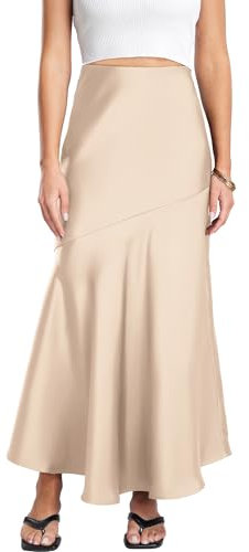 FEOYA Jupe Longue Femme Soie Artificielle Jupe en Satin Élégant Taille Haute avec Cordon de Serrage Jupe Casual 03 Champagne XL