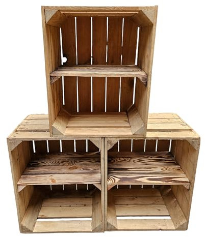 Teramico Vintage gebrauchten Holzkisten/Obstkisten/Weinkisten original aus dem Obstanbau mit Ablagefach geflammt 50 x 40 x 30cm (3 x Ablage Kurz)