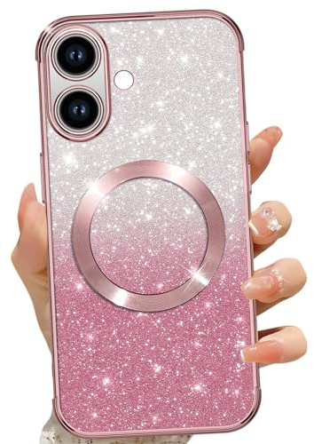 Phoona für iPhone 16 Plus 6,7 Hülle, Magnetisch Handyhülle Kompatibel mit MagSafe, Keine Vergilbung, Kratzfeste, Ganzkörperschutz Glitzer Hülle für iPhone 16 Plus Mit 2 Schutzfolie, Rosa
