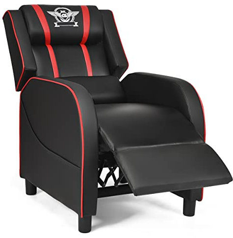 Multigot Recliner Sofa Chair, 3-Position Adjustable Gaming Armchair with Footrest, Headrest, Lumbar Support and Side Pocket, PU Leather Lounge Chair for Home Theater (Black+Red)