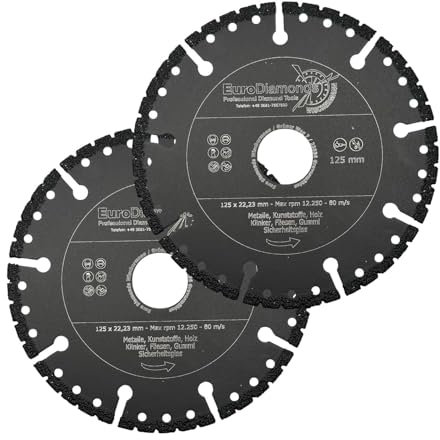 EDW Profi Diamant-Trennscheibe Allesschneider 2er Spar SET 125mm zum Schneiden von Kunststoff Holz Metall GFK Carbon Glas Rescue Diamanttrennscheibe mit extrem wenig Funkenflug