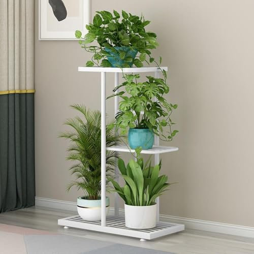 Hapihom 3 Tier Plant Stand Indoor Outdoor, 4 Potted Metal Flower Shelf for Multiple Plants, Plant Shelf Corner Display Rack, Tiered Plant Shelf Display Rack, Multiple Stands White