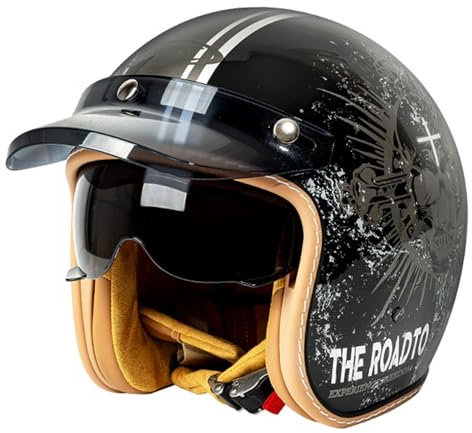 casco demi jet unisex, casco scooter all seasons con doppia visiera e copri–aerazione, Casco omologato ECE/DOT, Casco Moto Jet con Doppia Visiera E,XL(61-62CM)