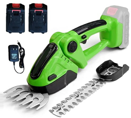 Cordless Hedge Trimmer, Mini Hedge Trimmer with 2 21V Li-Ion Batteries, Handheld Grass Trimmer Cordless, 2 Interchangeable Blades, for Efficient Shrub, Grass, and Lawn Pruning
