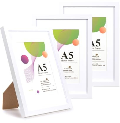 Scholar Tree Lot de 3 cadres photo A5 blancs - 21 x 14,8 cm - Avec support de table ou à suspendre au mur - Cadre photo en bois avec passe-partout de 15,2 x 10,2 cm