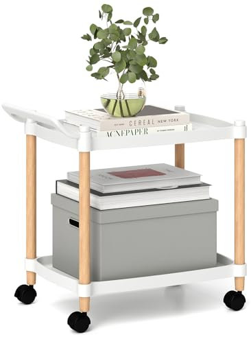 COSTWAY Servierwagen 2 Ebenen, Nischenregal auf Rollen, Küchenwagen Rollwagen mit Bremsen & Griff, Küchenregal für Wohnzimmer Küche Büro, 52,5 x 33,5 x 50 cm, weiß