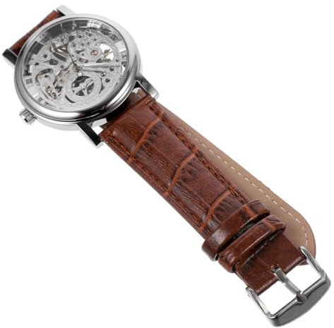 JEWEDECO Reloj Mecánico Manual para Hombres con Dial Redondo Diseño Elegante y Correa De PU Plateado y Marrón Modelo Winner