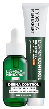 L'Oréal Men Expert Pflegeset gegen unreine Haut für Männer, Geschenkset mit Serum und Gesichtscreme, Geschenke für Herren mit Niacinamide und Salizylsäure, Derma Control, 1 x 30 ml, 1 x 40 ml