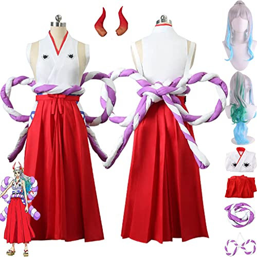 bbganlian Anime One Piece Yamato Kinono Cosplay Kostüm Outfit Rollenspiel Uniform Komplettes Set Halloween Party Karneval Dress Up Anzug mit Kopfschmuck Perücke für Frauen (XL)