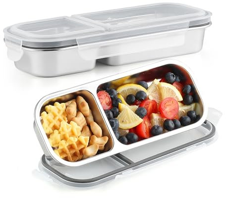 Misichao Recipientes de acero inoxidable para almacenamiento de alimentos, 2 compartimentos con tapas herméticas, juego de 2 recipientes de metal Bento para preparación de comidas, aptos para horno