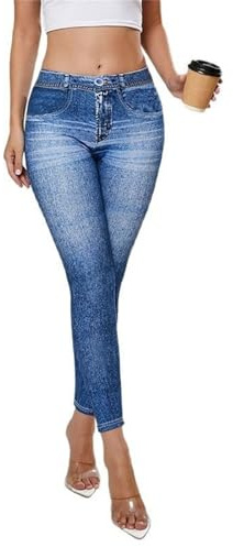 Gellmall Damen Jeansoptik Leggings High Waist Jeggings mit Taschen Elastic Jeans Frauen Lange Skinny Hosen Yogahose M