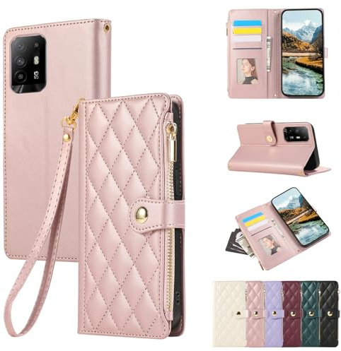 Vaitasy Custodia per Oppo A94 5G Pelle PU Cerniera Custodia a Portafoglio per Oppo A94 5G Custodia con Magnetica Flip Stand Case Cover Oro Rosa