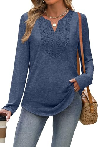XIEERDUO Womens Long Sleeve Tops Ladies Blouse V Neck Tunic Lace T Shirts Curved Hem Solid Color Comfy Loose Tops Office Wear Blue Top Size 22-24 UK