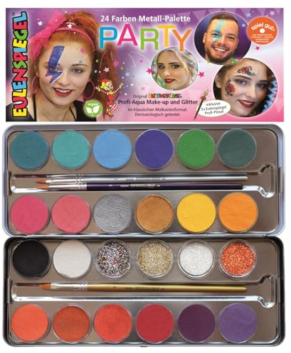 Eulenspiegel 224229 - Schminkpalette Party, 20 Profi Aqua Make-up Farben, 4 x Glitzer, 3 x Pinsel, Schminkset vegan, für Karneval, Festivals