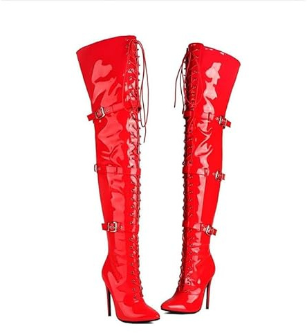 Veelau Meieer Stivali sopra il ginocchio da donna in pizzo con punta chiusa a spillo tacchi alti in pelle laccata stivali stringati con fibbie, Colore: rosso, 43 EU