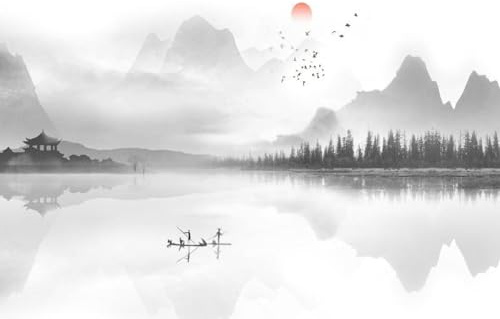 skdhlifpj Papier Peint Panoramique 3d Paysage Noir Et Blanc 300cmx256cm | Tapisserie Murale intissé Zen Nature Montagne Océan Forêt Salon Chambre Adulte Enfant Décoration Mural