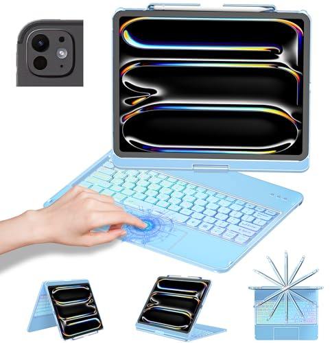 aMZCaSE Tastaturhülle für iPad 13(M5/M4), Trackpad, 360° drehbar | 7-farbige Hintergrundbeleuchtung, Smart Wake/Sleep, Stifthalter, passend für 2024–2025, Ozeanblau, für Büro, Reisen, Zeichnen
