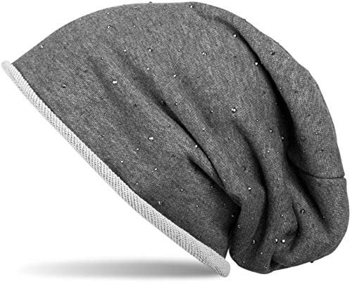 styleBREAKER Damen Beanie Mütze mit Strass-Nieten Applikation und Rollrand, warm 04024024, Farbe:Dunkelgrau