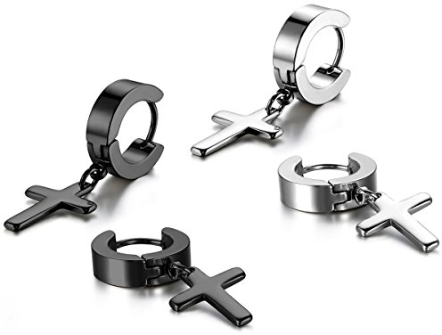 JewelryWe Schmuck 2 Paare Herren Damen Ohrringe, Kreuz Creolen Ohrstecker, Edelstahl, Silber Schwarz