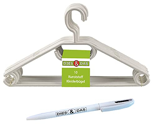 DIES&DAS 10-500 Stück (100, Weiß) || Made in EU || schwarz oder weiß Kunststoff Kleiderbügel Kugelschreiber im Wert von 2,90 mit antirutsch Rillen - Hosensteg - Krawattenhalter - Rockaufhängekerben