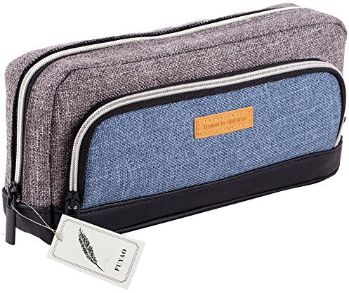 FUYAO Canvas Pencil Case Large Capacity Pencil Box Office School Stationery Pen Bag Pencil Holder Cosmetics Pouch Coin Purse for Teenage Boys, 3 Pockets (Grey)