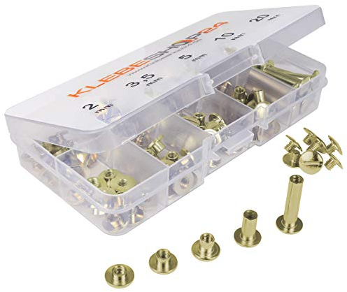 Klebeshop24 Buchschrauben Set | Sortimentsbox mit 5 verschiedenen Größen | 2 bis 20 mm Füllhöhe | Verschiedene Ausführungen / (Vermessingt)