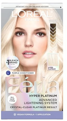 L'Oreal Paris Feria Hyper Platinum Advanced Lightening System Hair Bleach, Lifts Up To 8 Levels, Includes Anti Brass Purple Conditioner, 1 Hair Dye Kit