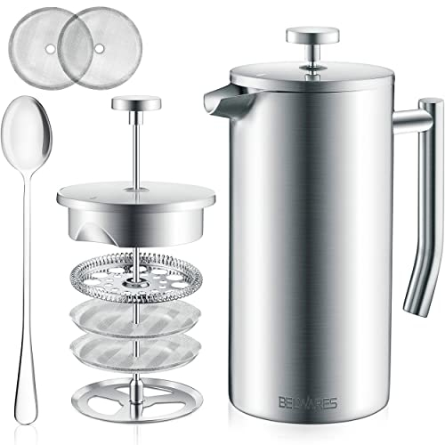 Belwares French Press Kaffeebereiter, doppelwandig, isoliert, mit 4-stufigem Filtersystem, Edelstahl, 1 Liter, perfekt für Camping, Zuhause oder Büro