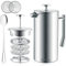 Belwares Cafetière à piston française – Double paroi en acier inoxydable 304 – Système de filtration à 4 niveaux avec 2 filtres supplémentaires, 1 L (argent)