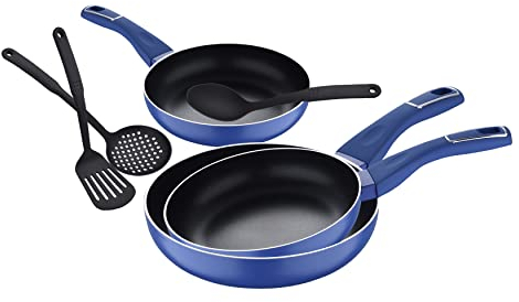 San Ignacio Índigo | Pfannen Antihaftbeschichtet | 3-teiliges Set mit 3 Kochutensilien | Gepresstes Aluminium | Durchmesser von 20, 24 y 28cm | Für Elektro-, Halogen-, Gas- und Glaskeramikherde