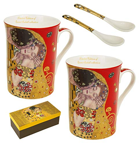 Queen Isabell Kaffebecher Set mit Löffel für Zwei Peronen Der Kuss von Gustav Klimt Rot Geschenkidee Porzellan 2-er Pack 250ml